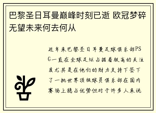巴黎圣日耳曼巅峰时刻已逝 欧冠梦碎无望未来何去何从