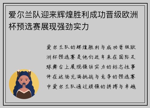 爱尔兰队迎来辉煌胜利成功晋级欧洲杯预选赛展现强劲实力