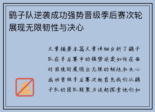 鹞子队逆袭成功强势晋级季后赛次轮展现无限韧性与决心