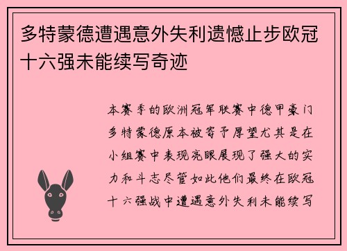 多特蒙德遭遇意外失利遗憾止步欧冠十六强未能续写奇迹