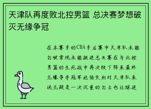 天津队再度败北控男篮 总决赛梦想破灭无缘争冠